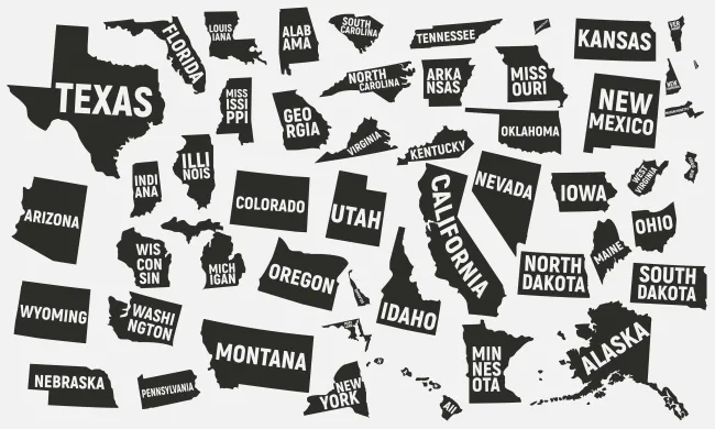 Black and white graphic map of the United States with state names labeled