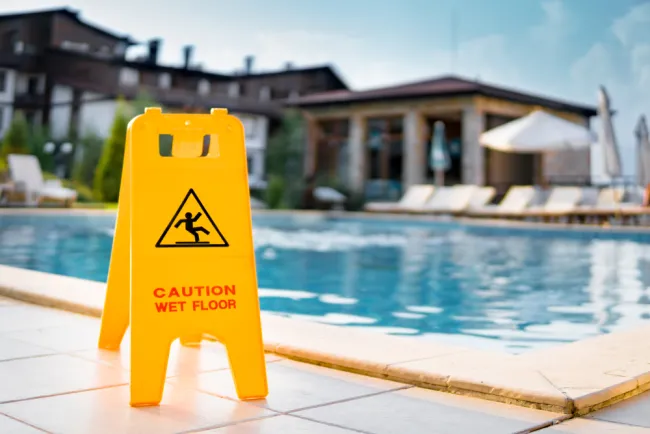 Yellow caution wet floor sign near the edge of a swimming pool at a resort, with lounge chairs and a building in the background