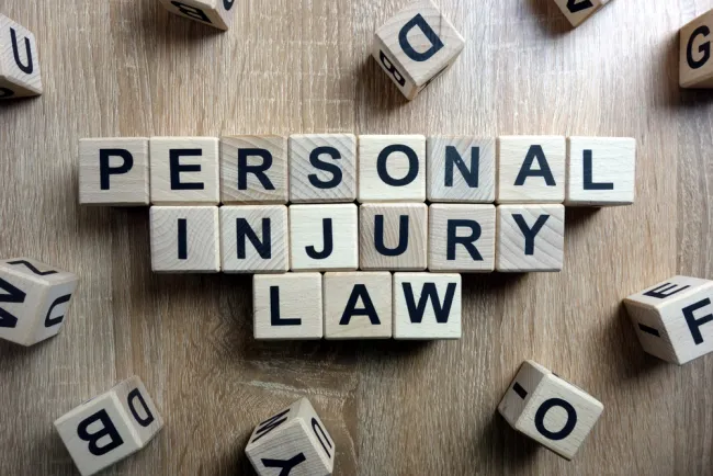 Personal Injury Law text spelled out with wooden letter blocks on a wooden table background.